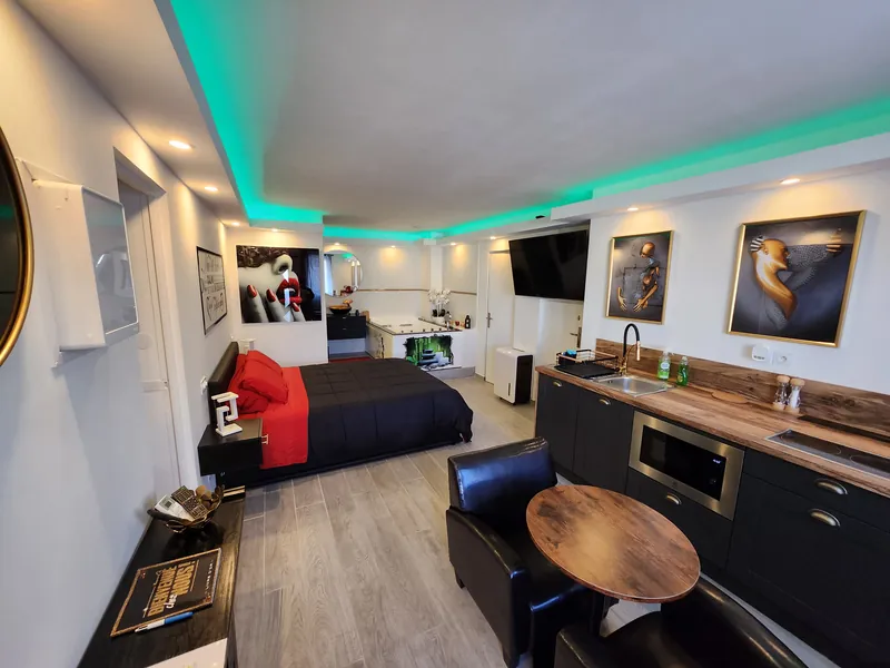 Vue d'ensemble de la suite LoveRoom66 en éclairage LED vert : chambre, kitchenette et coin salon