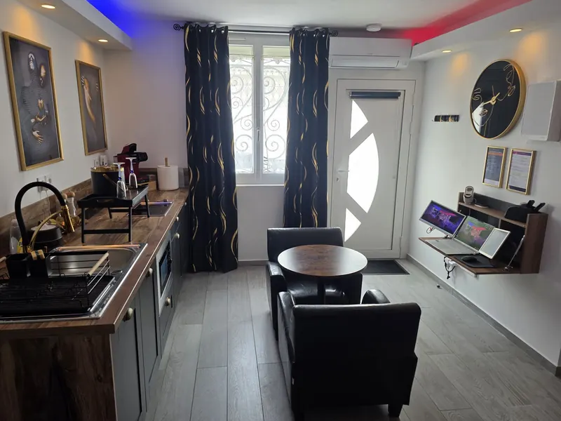 Espace de vie avec coin salon, kitchenette équipée et bureau